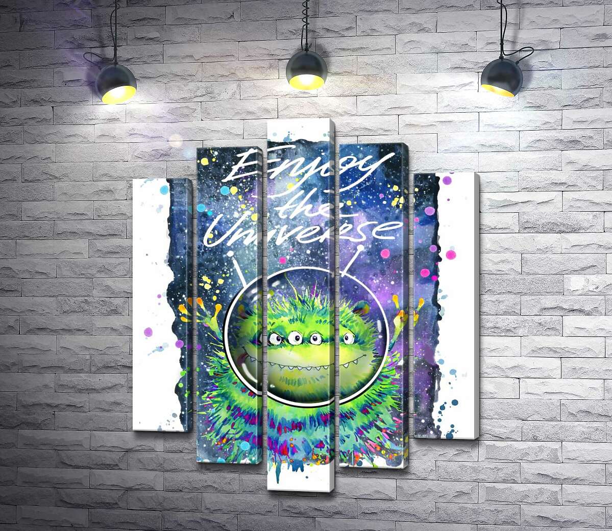 

Модульная картина ArtPoster Четырехглазый зеленый монстр летает в космосе возле надписи "Enjoy the Universe" 100x130 см Модуль №26