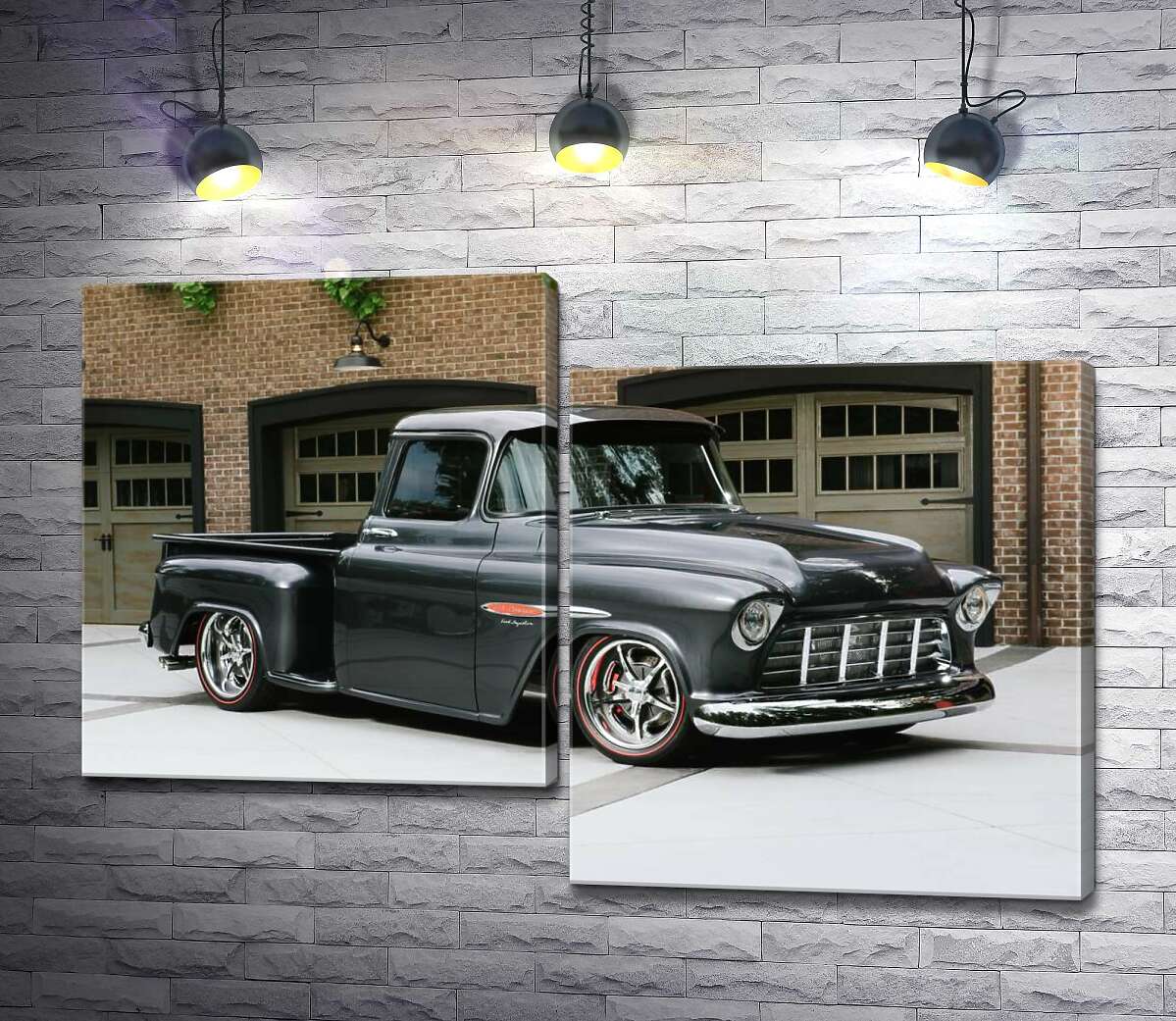 

Модульная картина ArtPoster Черный автомобиль Chevrolet Pickup 1955 перед въездами в гаражи 130x88 см Модуль №5