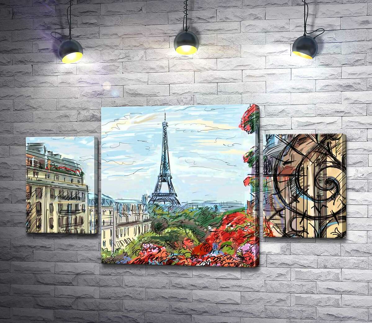 

Модульная картина ArtPoster Эйфелева башня (Eiffel tower) виднеется с летнего балкона старого дома 131x75 см Модуль №7