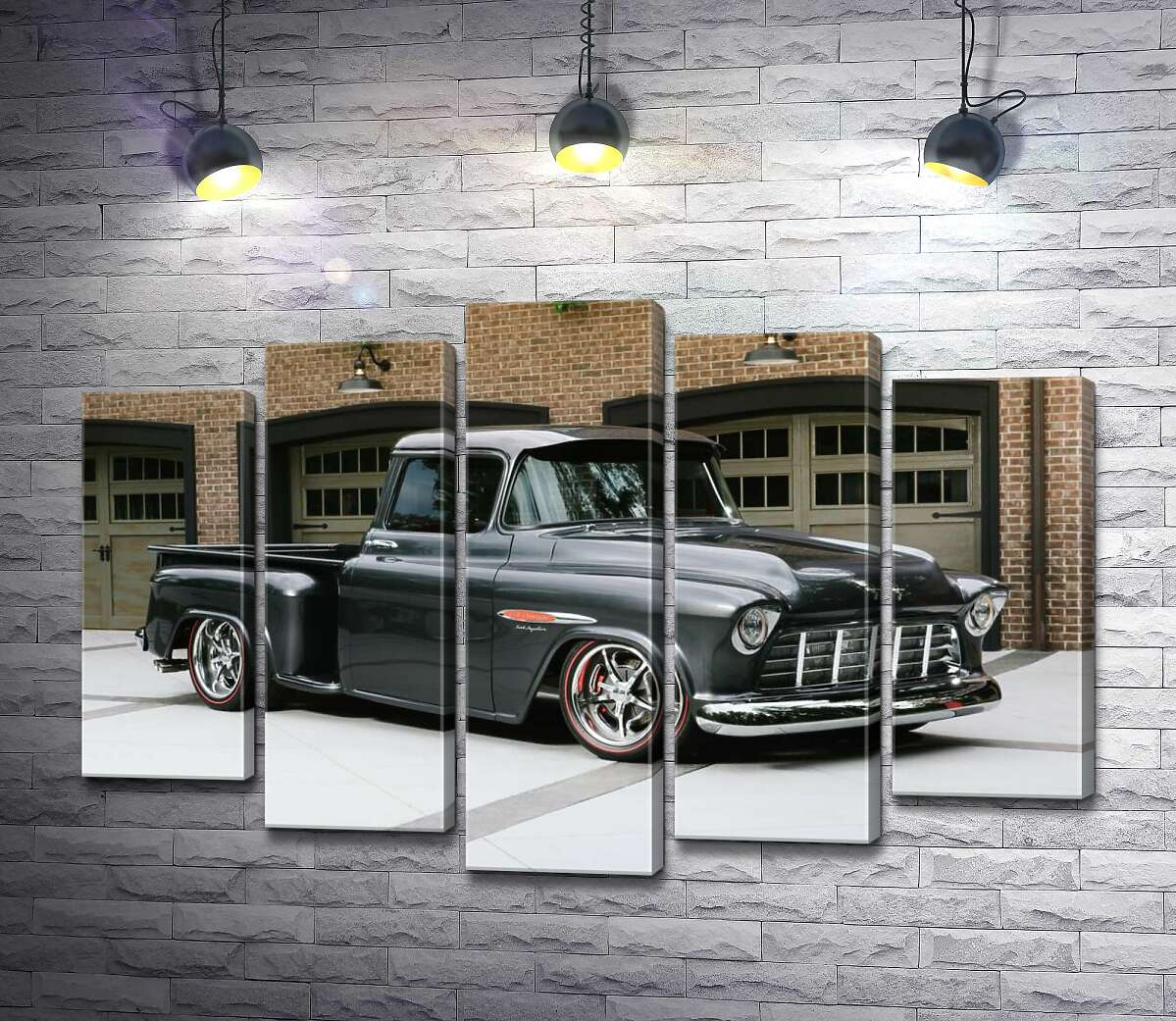 

Модульная картина ArtPoster Черный автомобиль Chevrolet Pickup 1955 перед въездами в гаражи 130x88 см Модуль №26