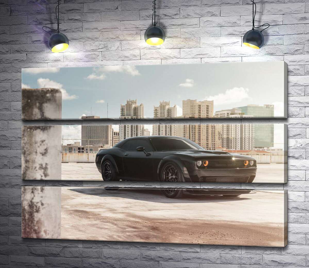 

Модульная картина ArtPoster Черный автомобиль Dodge Challenger Hellcat на фоне домов 100x69 см Модуль №13