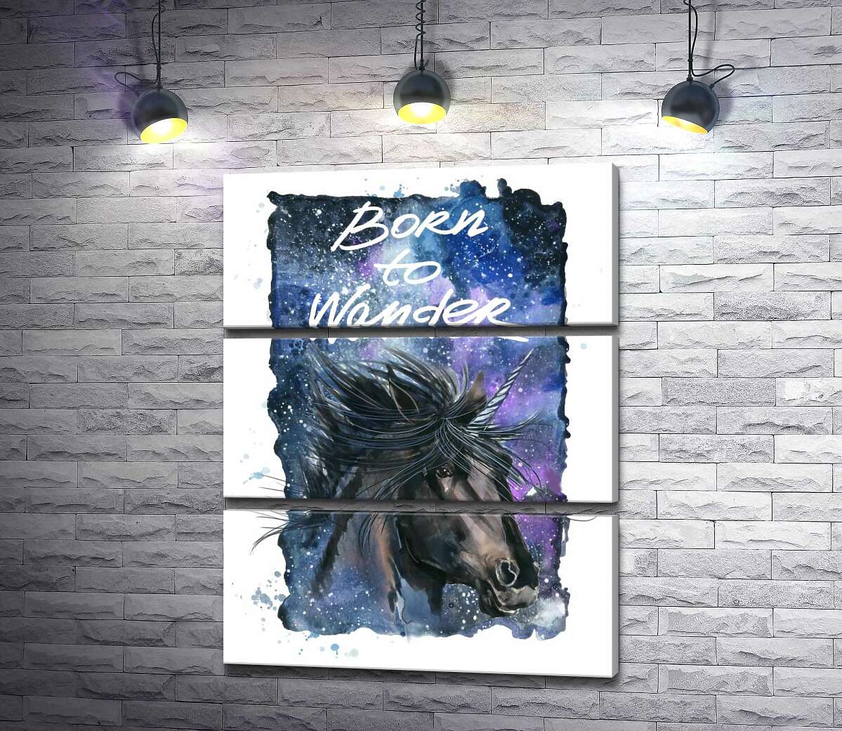 

Модульная картина ArtPoster Черный единорог на космическом фоне с надписью "born to wander" 130x168 см Модуль №13