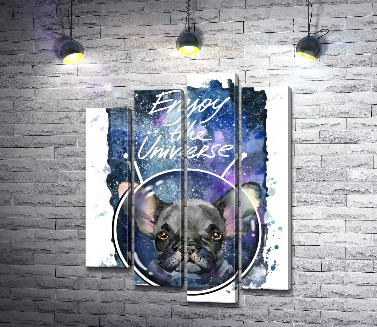 

Модульная картина ArtPoster Черный французский бульдог среди космического пространства с надписью "Enjoy the Universe" 132x168 см Модуль №21