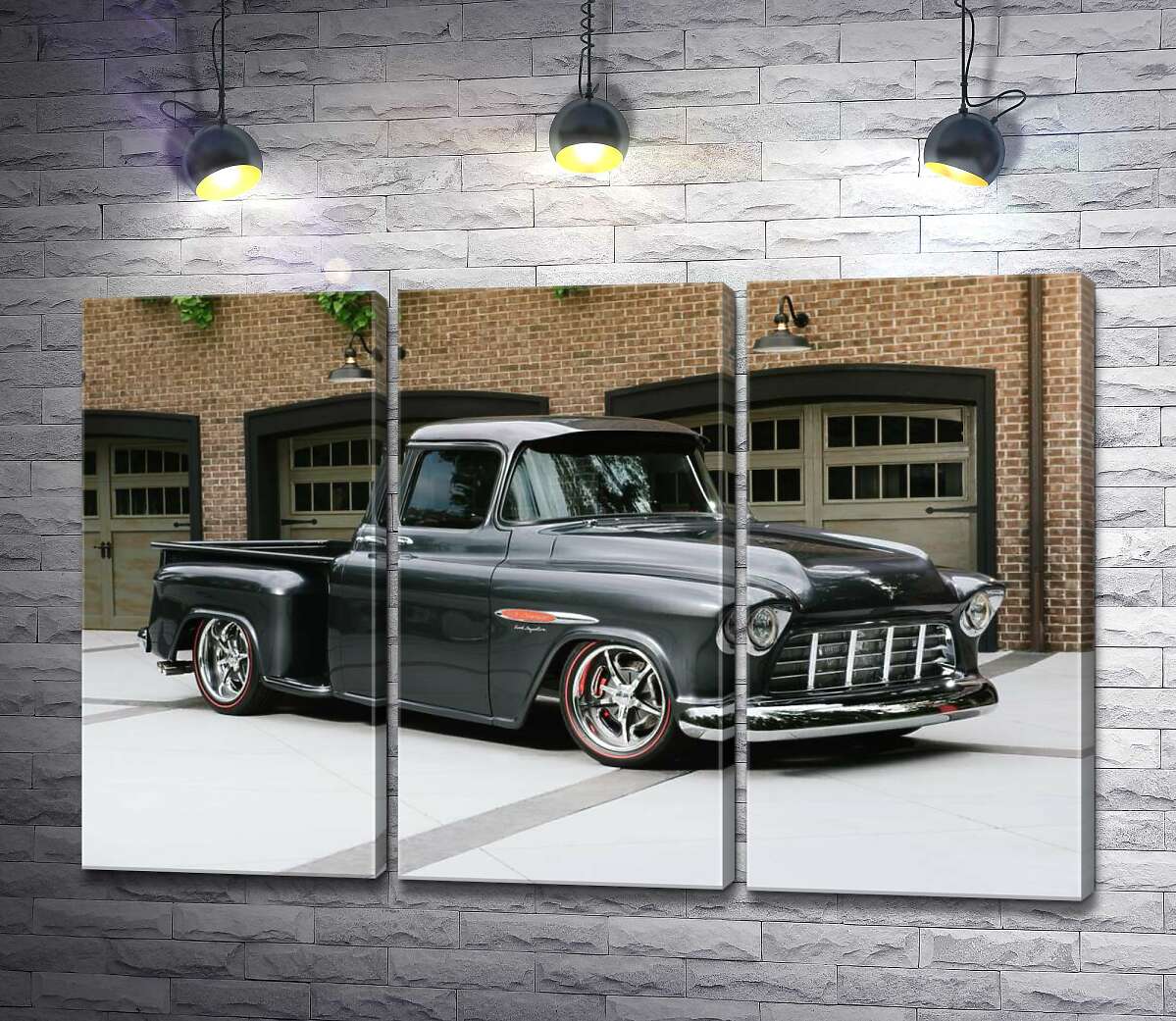 

Модульная картина ArtPoster Черный автомобиль Chevrolet Pickup 1955 перед въездами в гаражи 102x67 см Модуль №11