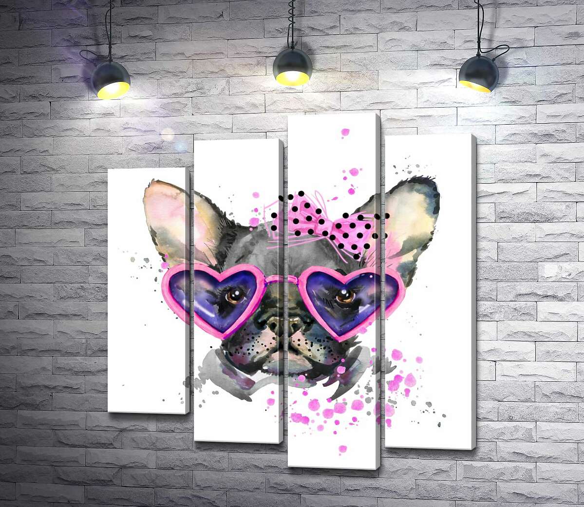 

Модульная картина ArtPoster Черный французский бульдог с розовым бантом на голове и в очках-сердечках 132x144 см Модуль №21