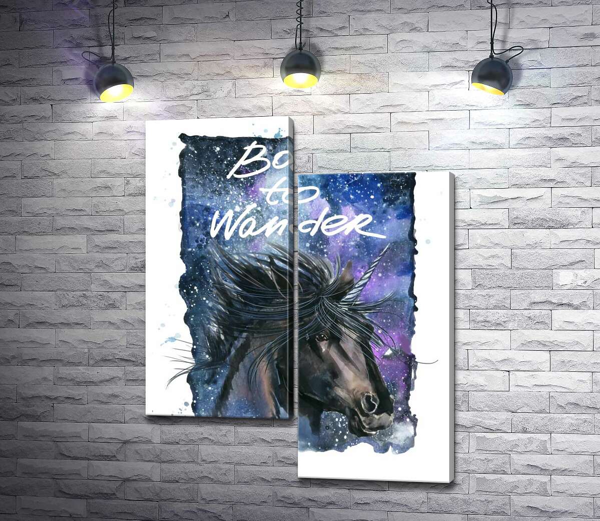 

Модульная картина ArtPoster Черный единорог на космическом фоне с надписью "born to wander" 130x167 см Модуль №5