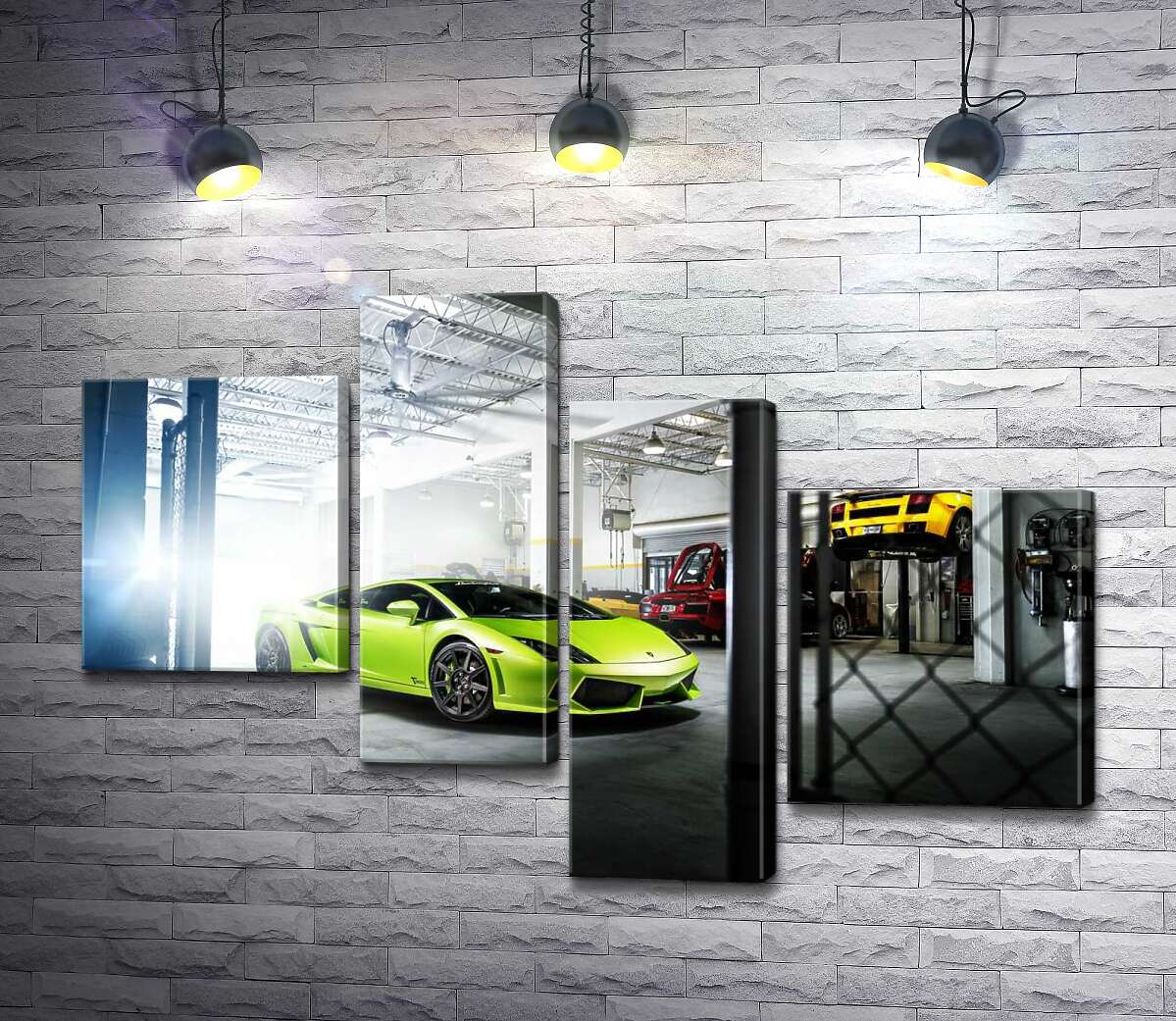 

Модульная картина ArtPoster Яркий зеленый Ламборгини (Lamborghini Gallardo) стоит в тени гаража 100x69 см Модуль №20