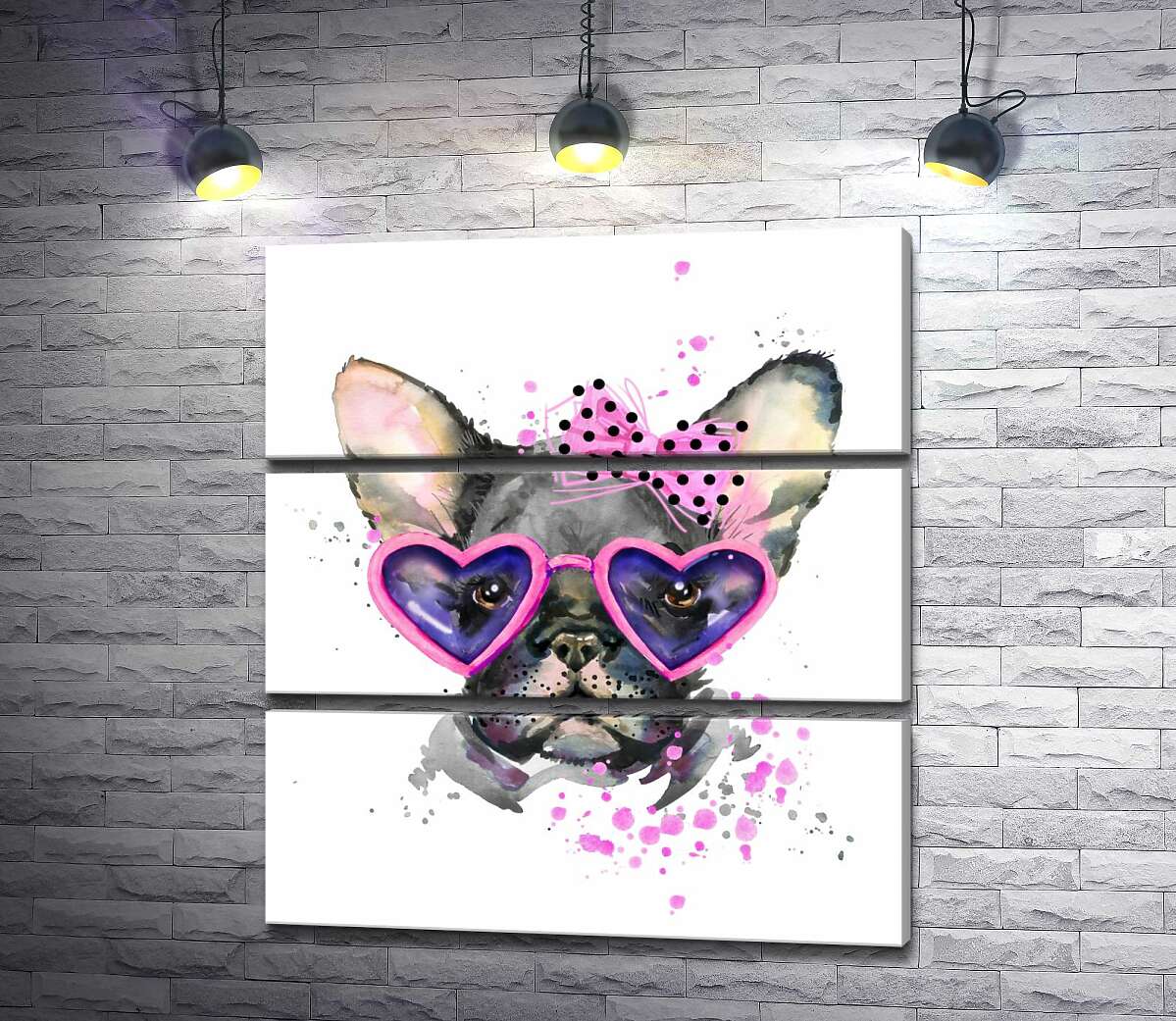 

Модульная картина ArtPoster Черный французский бульдог с розовым бантом на голове и в очках-сердечках 55x60 см Модуль №13