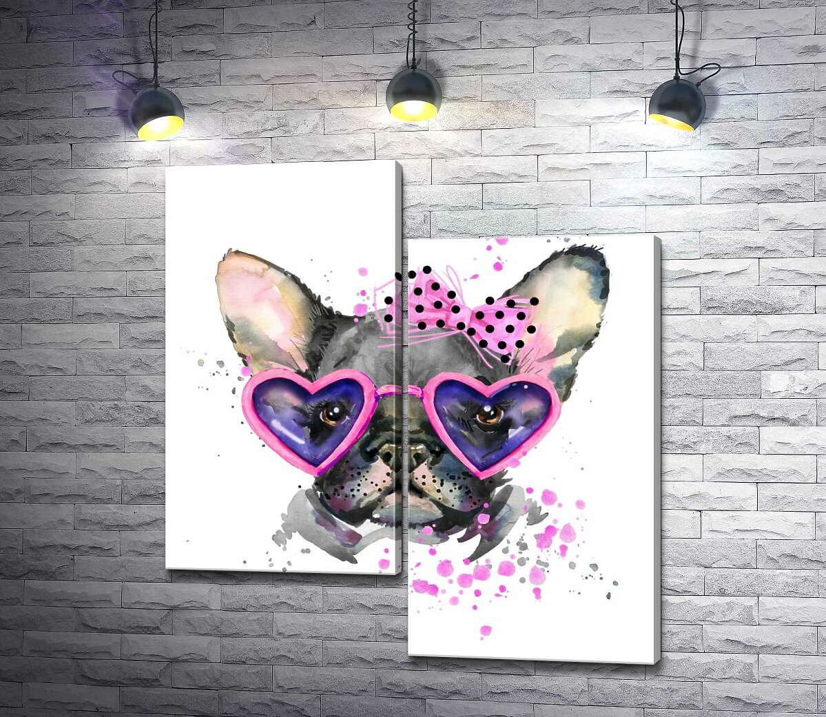 

Модульная картина ArtPoster Черный французский бульдог с розовым бантом на голове и в очках-сердечках 100x110 см Модуль №5