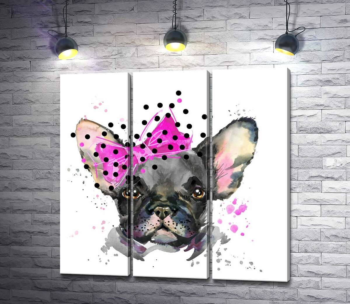 

Модульная картина ArtPoster Черный французский бульдог с розовым бантиком возле уха 102x100 см Модуль №11