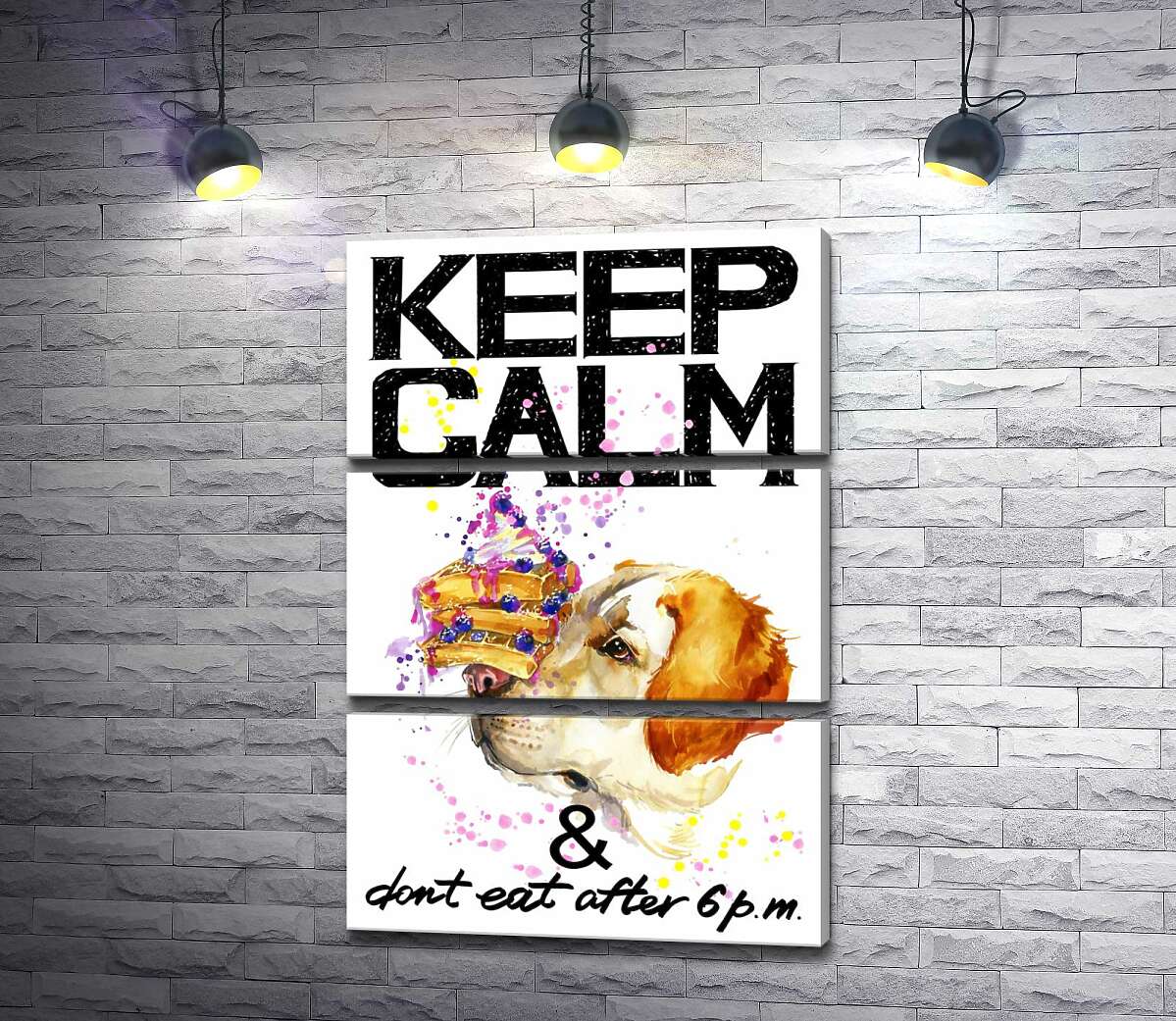 

Модульная картина ArtPoster Черничный торт на носу у собаки среди надписи "keep calm and don't eat after 6 p.m." 50x75 см Модуль №13