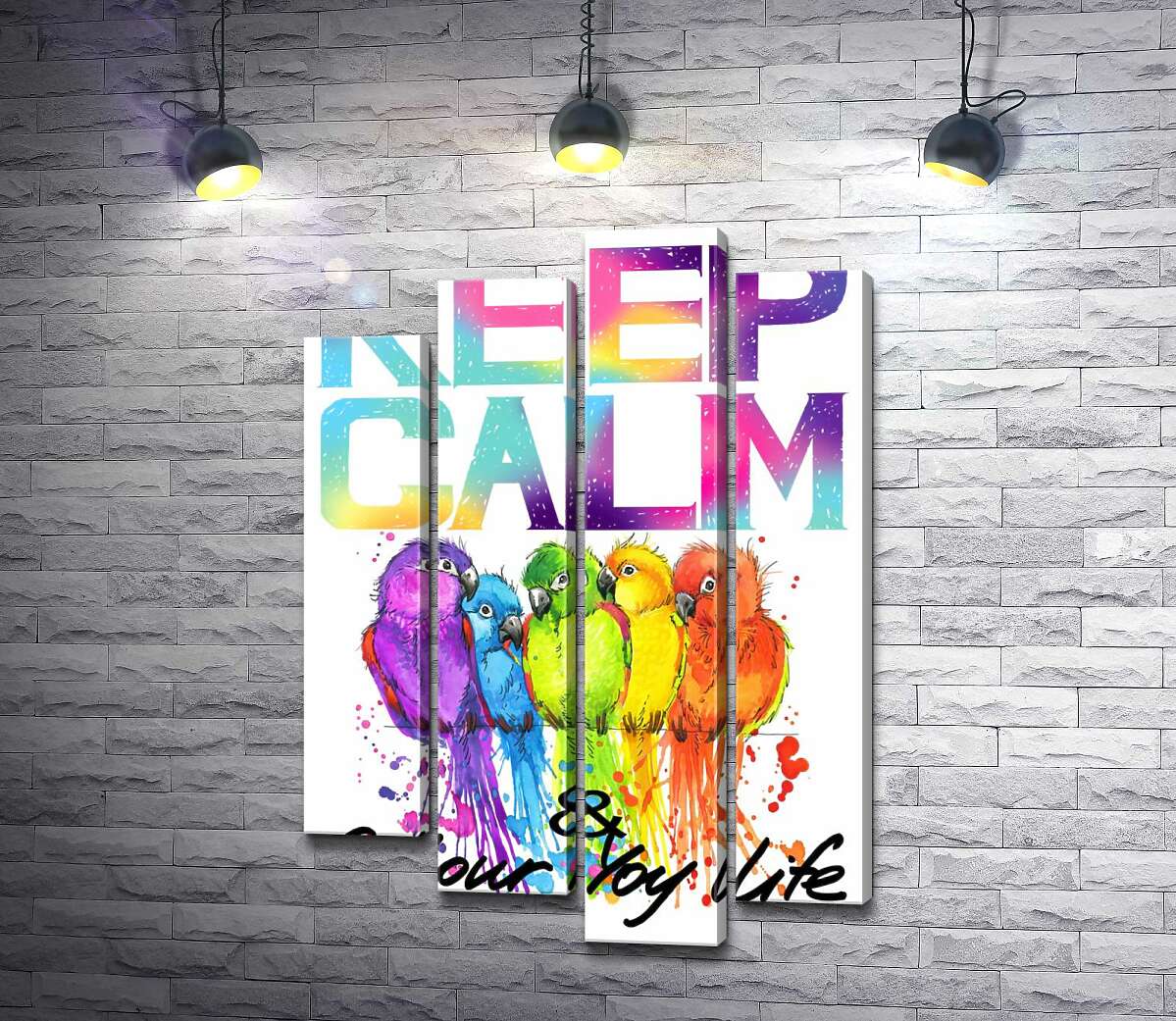 

Модульная картина ArtPoster Яркое оперение попугаев среди надписи "keep calm and colour your life" 132x192 см Модуль №21