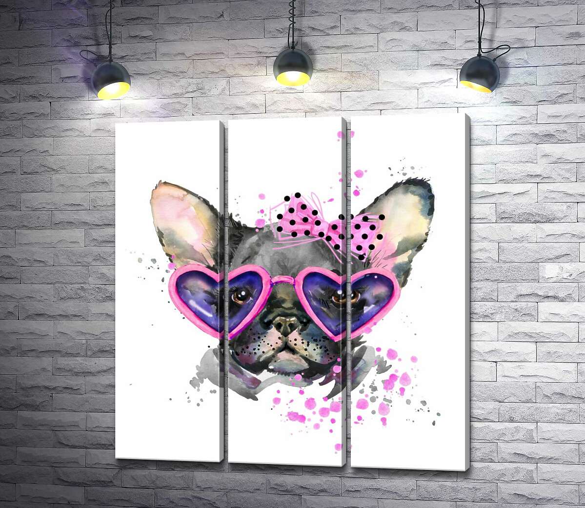 

Модульная картина ArtPoster Черный французский бульдог с розовым бантом на голове и в очках-сердечках 102x109 см Модуль №11