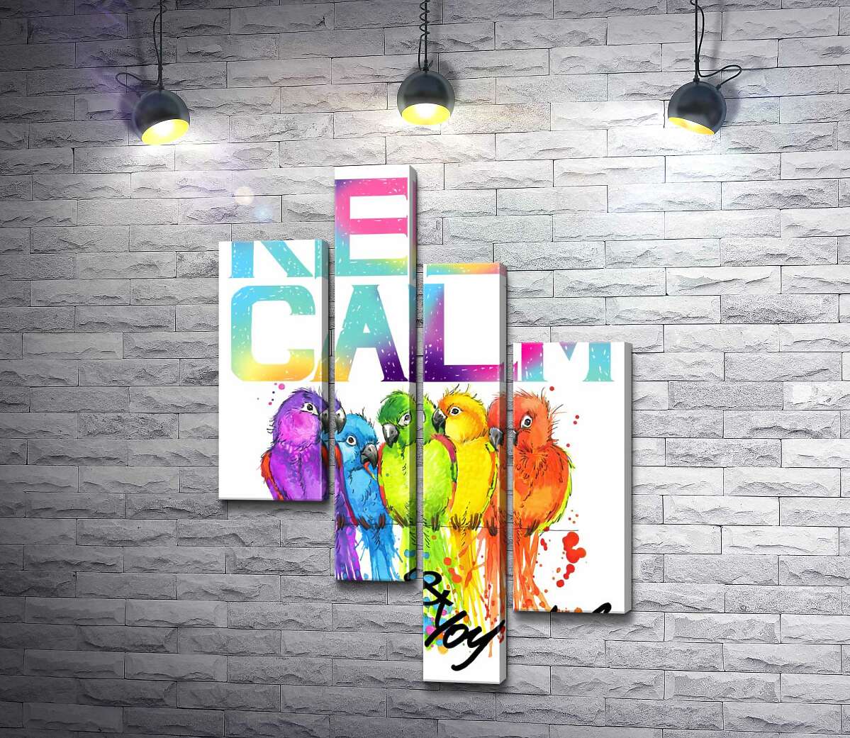 

Модульная картина ArtPoster Яркое оперение попугаев среди надписи "keep calm and colour your life" 130x191 см Модуль №20