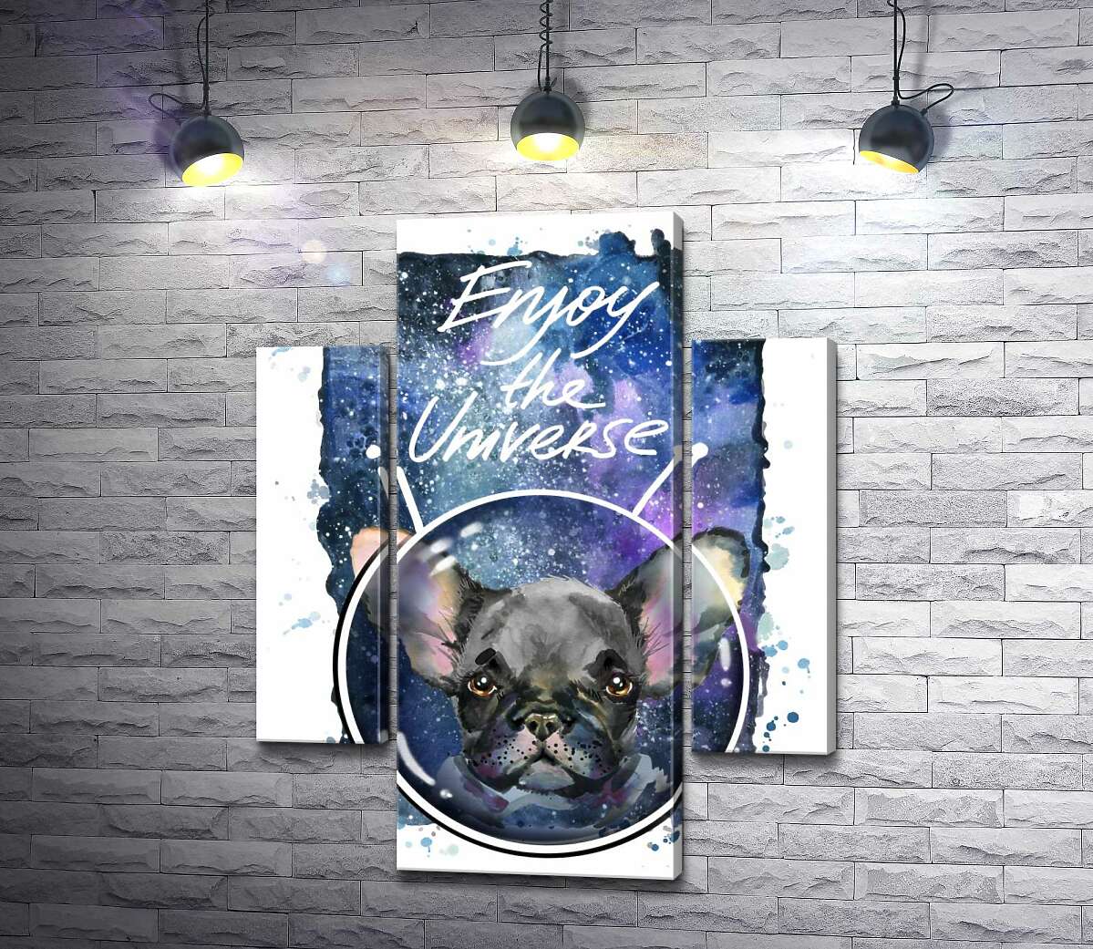 

Модульная картина ArtPoster Черный французский бульдог среди космического пространства с надписью "Enjoy the Universe" 80x104 см Модуль №7