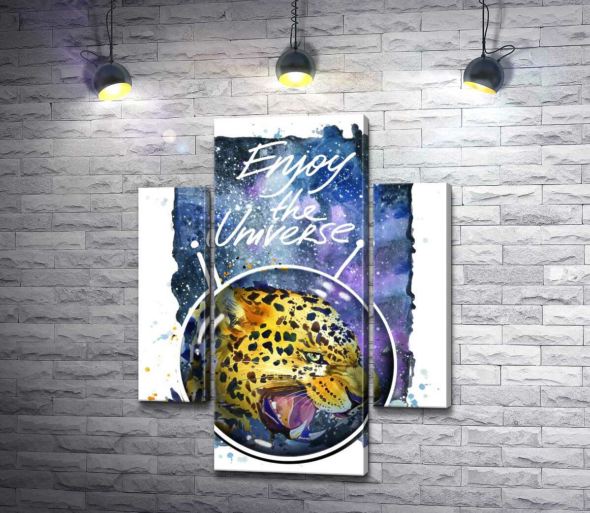 

Модульная картина ArtPoster Хищный леопард скалит зубы в космосе с надписью "Enjoy the Universe" 131x168 см Модуль №7