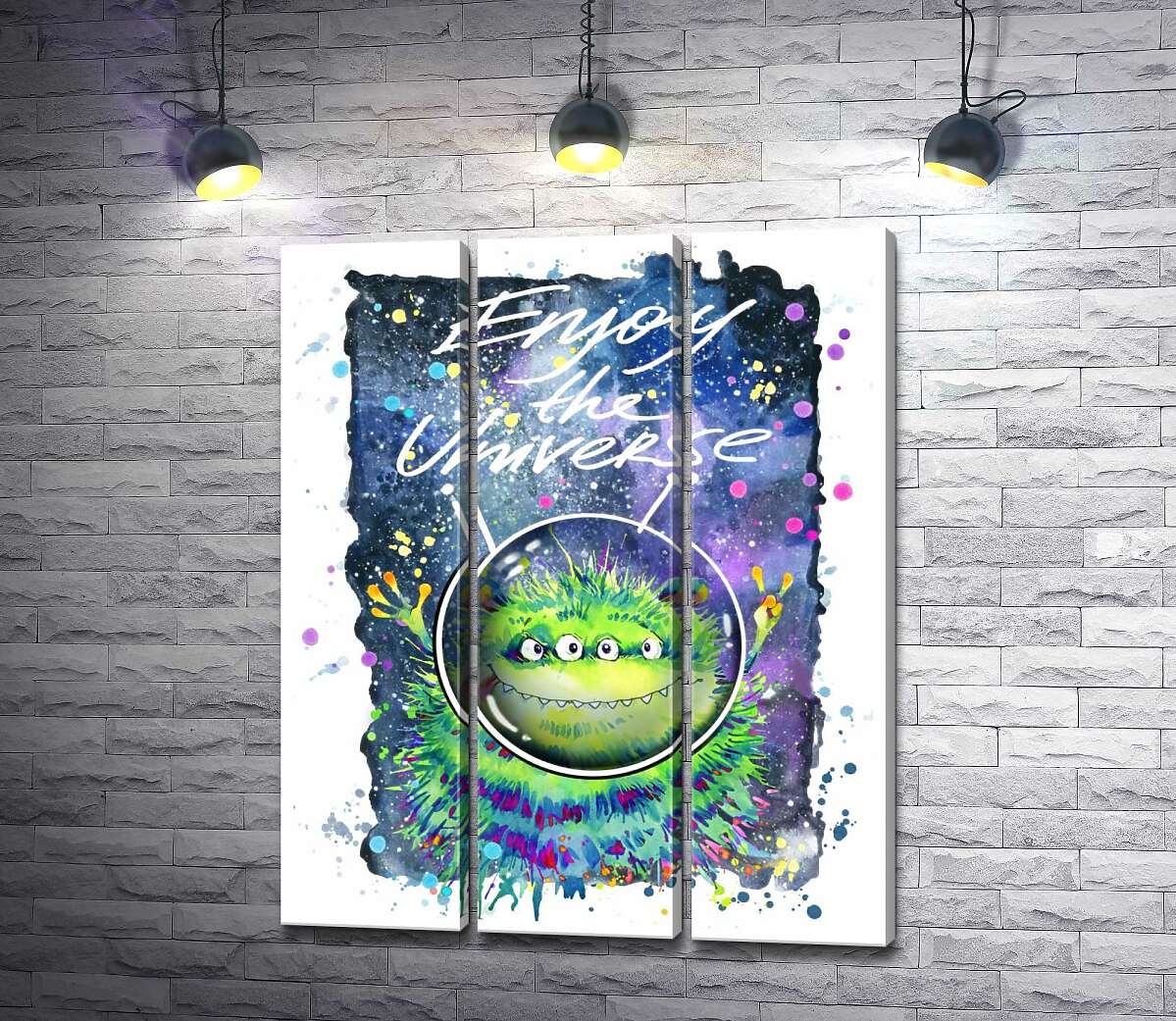 

Модульная картина ArtPoster Четырехглазый зеленый монстр летает в космосе возле надписи "Enjoy the Universe" 132x166 см Модуль №11