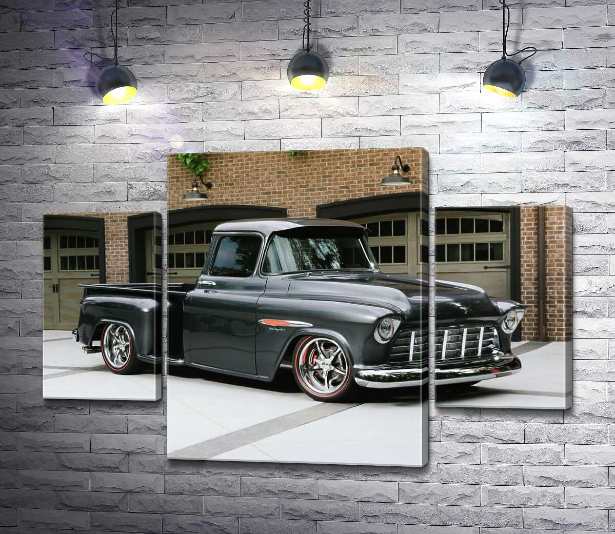 

Модульная картина ArtPoster Черный автомобиль Chevrolet Pickup 1955 перед въездами в гаражи 131x89 см Модуль №7