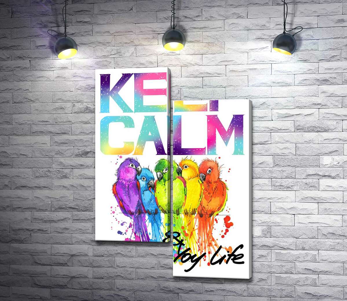 

Модульная картина ArtPoster Яркое оперение попугаев среди надписи "keep calm and colour your life" 130x191 см Модуль №5