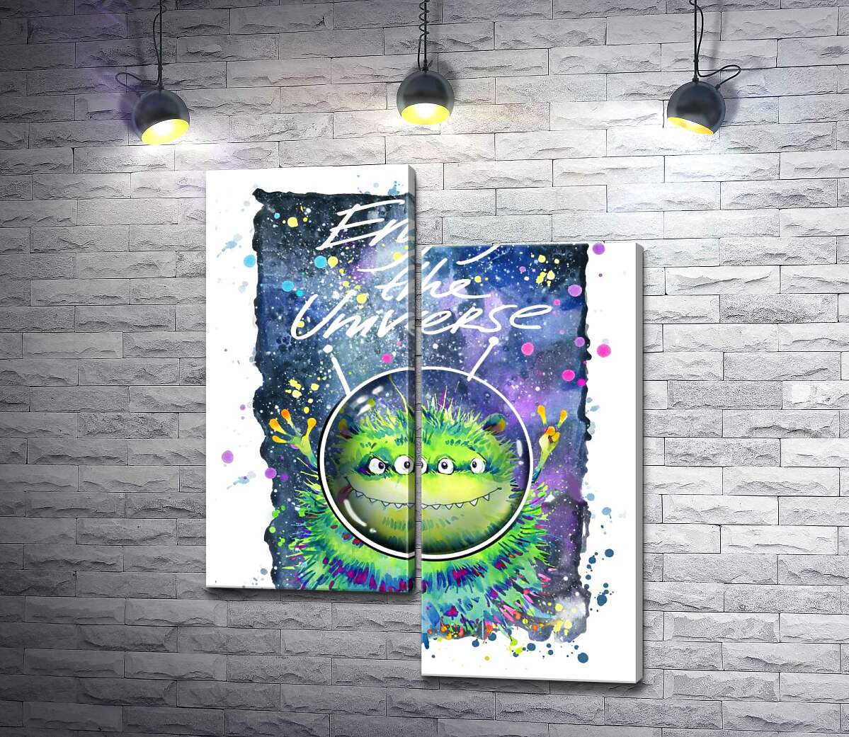 

Модульная картина ArtPoster Четырехглазый зеленый монстр летает в космосе возле надписи "Enjoy the Universe" 50x65 см Модуль №5