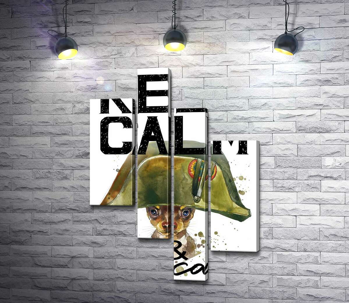 

Модульная картина ArtPoster Чихуахуа в шапке Наполеона среди надписи "keep calm and be cool" 130x191 см Модуль №20