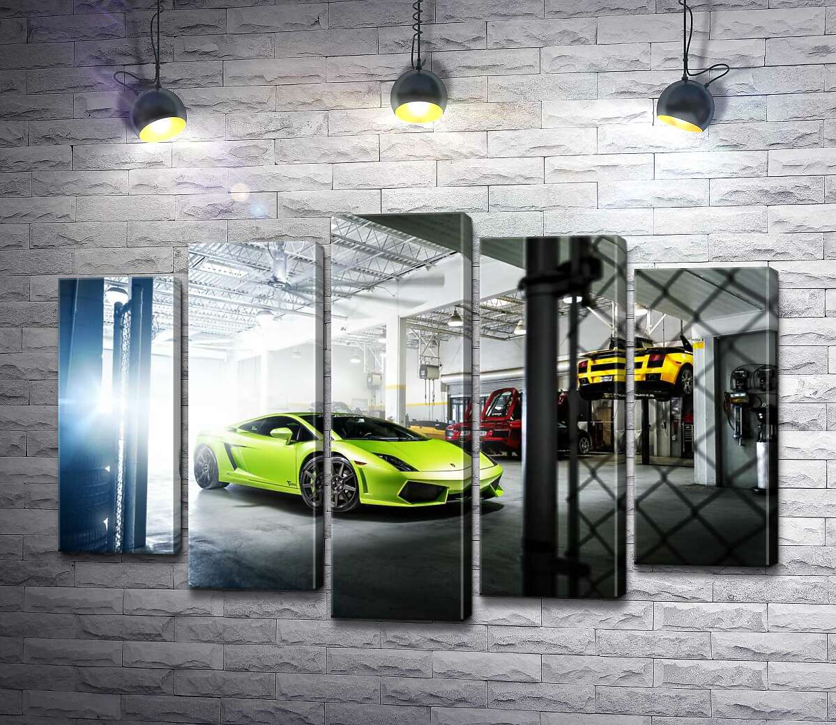 

Модульная картина ArtPoster Яркий зеленый Ламборгини (Lamborghini Gallardo) стоит в тени гаража 100x69 см Модуль №26