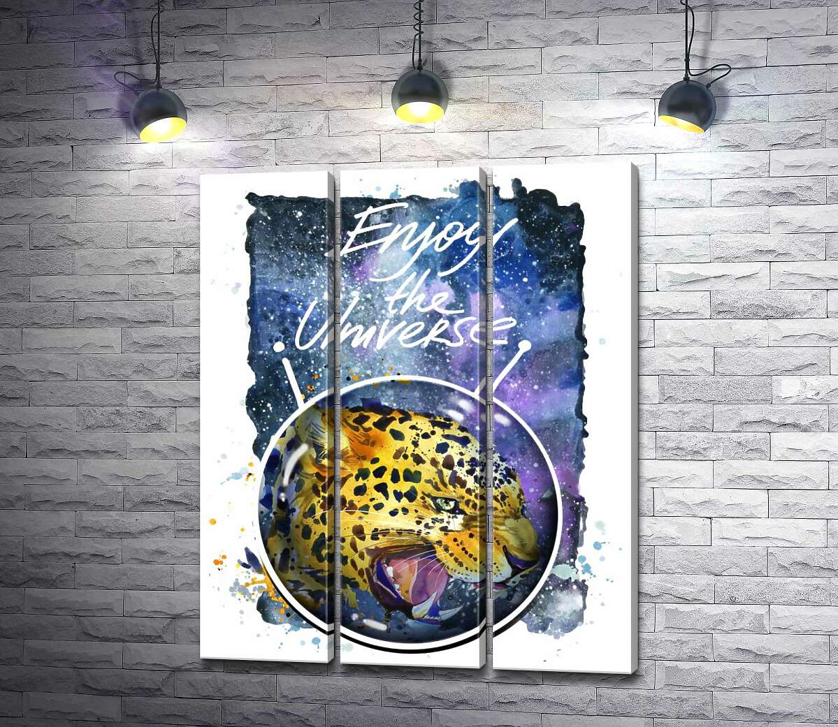 

Модульная картина ArtPoster Хищный леопард скалит зубы в космосе с надписью "Enjoy the Universe" 102x128 см Модуль №11