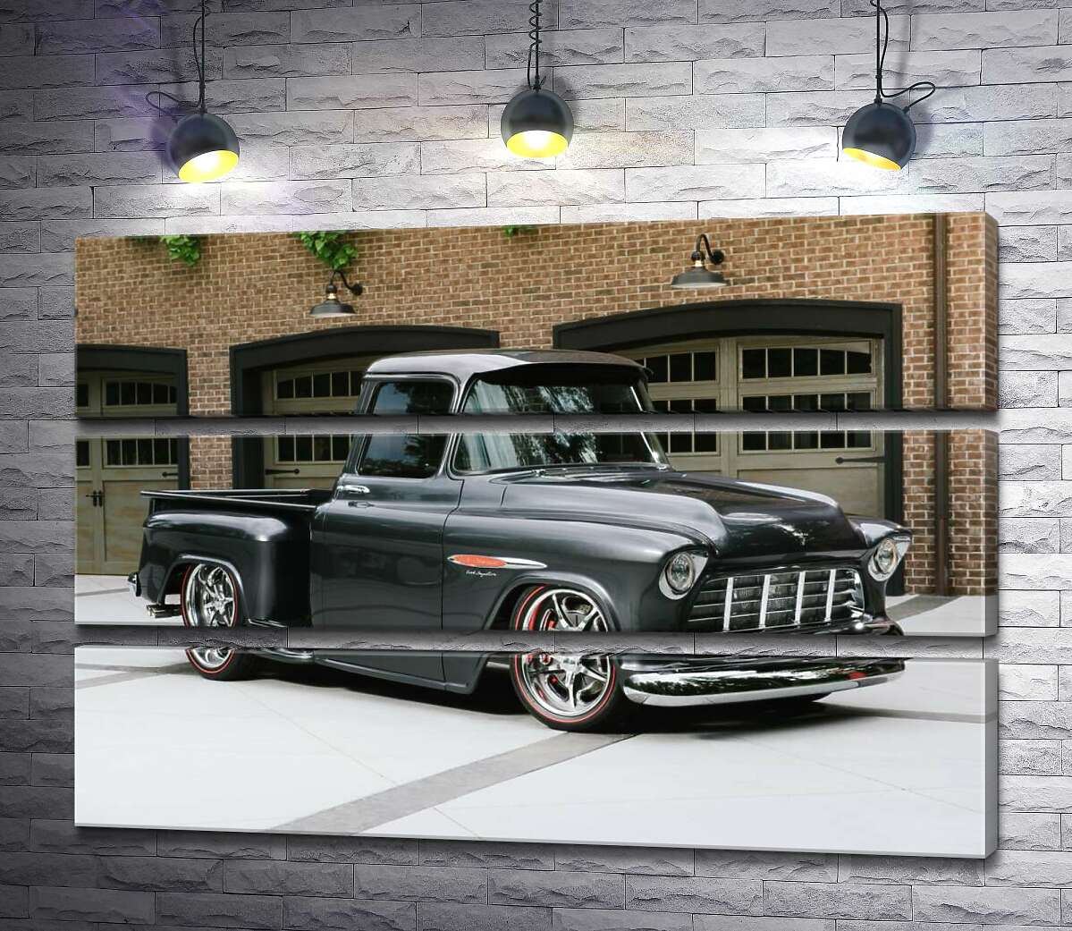 

Модульная картина ArtPoster Черный автомобиль Chevrolet Pickup 1955 перед въездами в гаражи 130x87 см Модуль №13