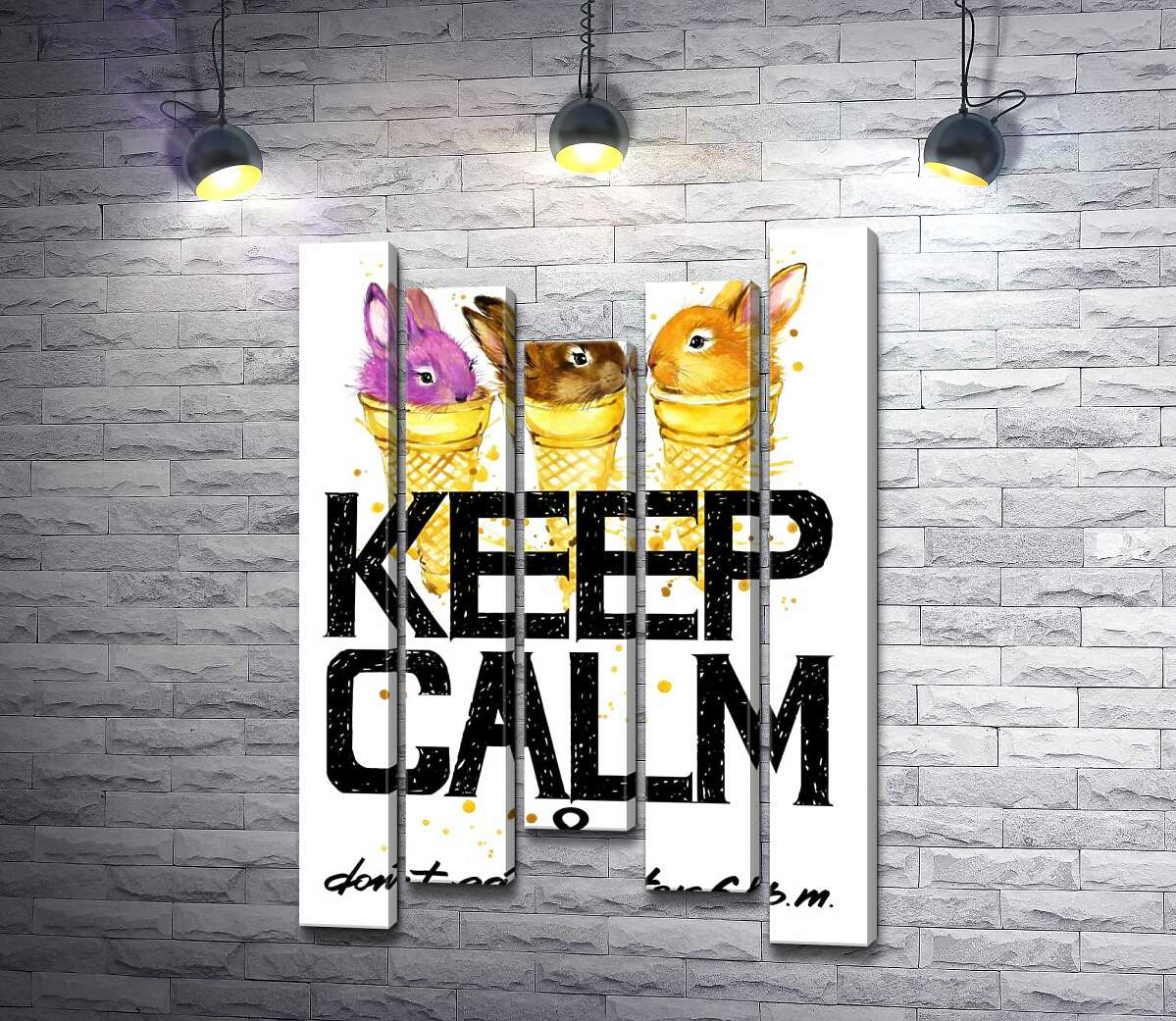 

Модульная картина ArtPoster Цветные зайцы в рожках мороженого над надписью "keep calm and don't eat after 6 p.m." 100x148 см Модуль №28