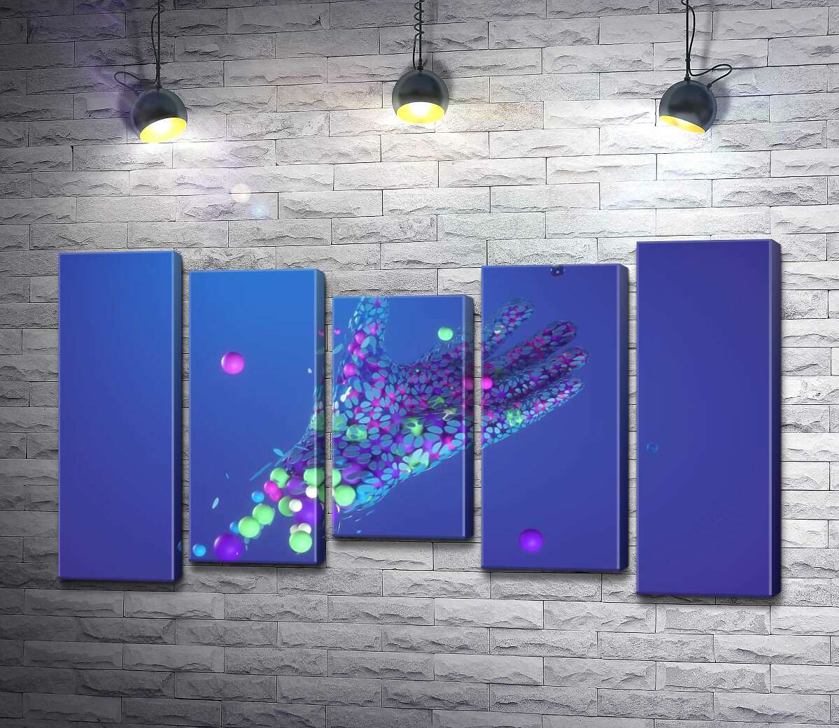 

Модульная картина ArtPoster Цветные шарики летят в ладонь 100x58 см Модуль №28