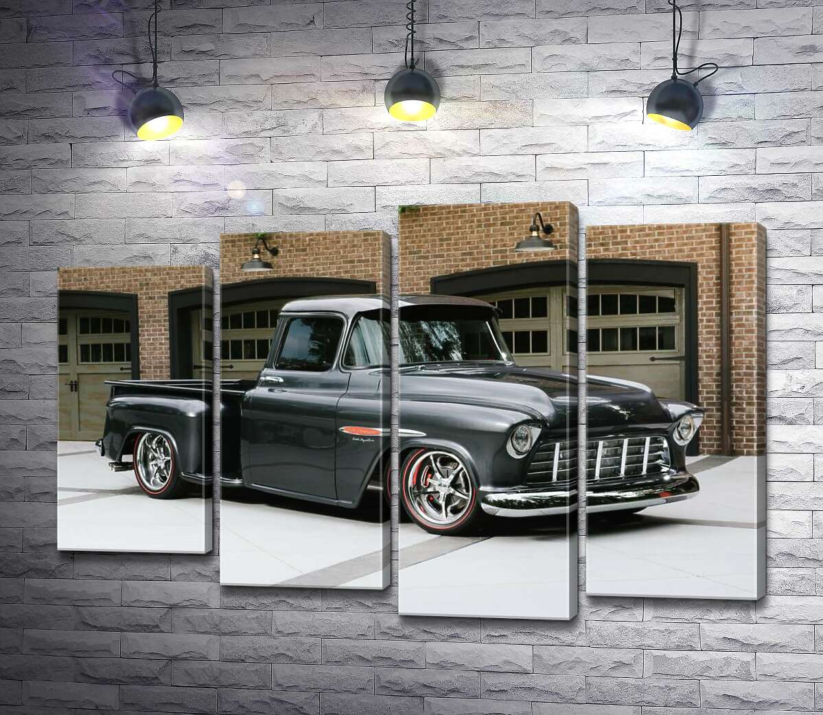 

Модульная картина ArtPoster Черный автомобиль Chevrolet Pickup 1955 перед въездами в гаражи 100x69 см Модуль №21