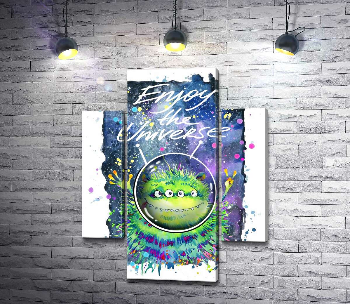 

Модульная картина ArtPoster Четырехглазый зеленый монстр летает в космосе возле надписи "Enjoy the Universe" 100x129 см Модуль №7