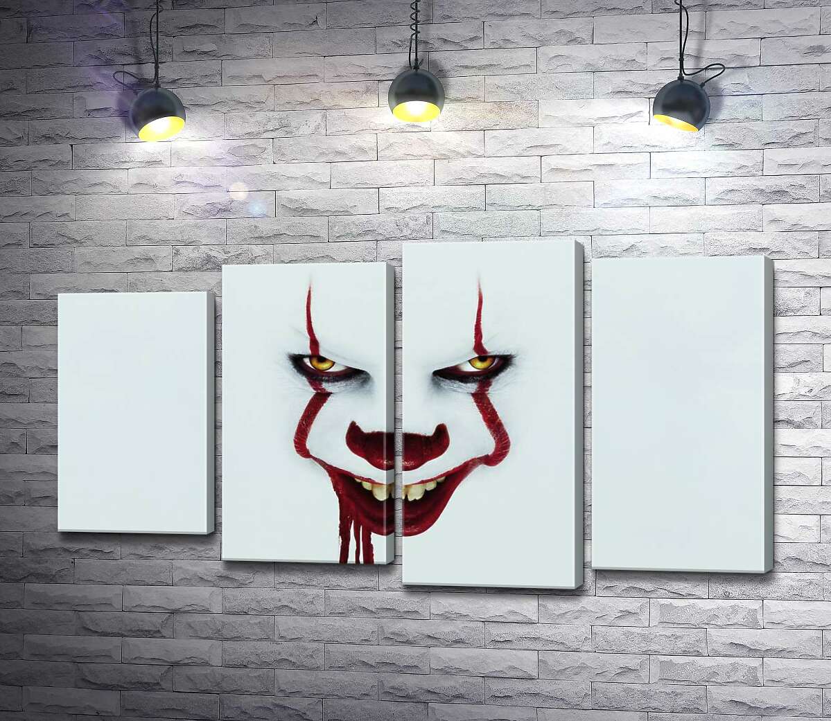 

Модульная картина ArtPoster Ужасающая улыбка клоуна-убийцы Пеннивайза – героя фильма ужасов "Оно" (It) 132x74 см Модуль №21
