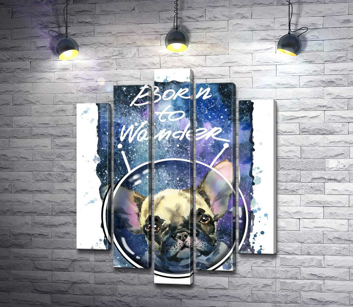 

Модульная картина ArtPoster Ушастый бульдог среди космоса с надписью "born to wander" 100x130 см Модуль №26