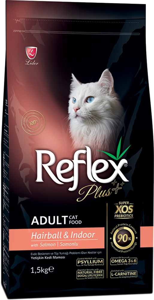 

Сухой корм Reflex Plus полноценный и сбалансированный для котов, живущих в помещении и вывод шерсти с лососем 1.5 кг