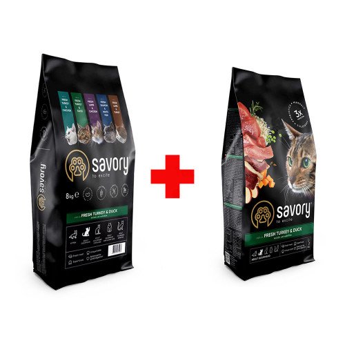 

Сухой корм для кошек Savory, со свежим мясом индейки и уткой, 8 + 2 кг