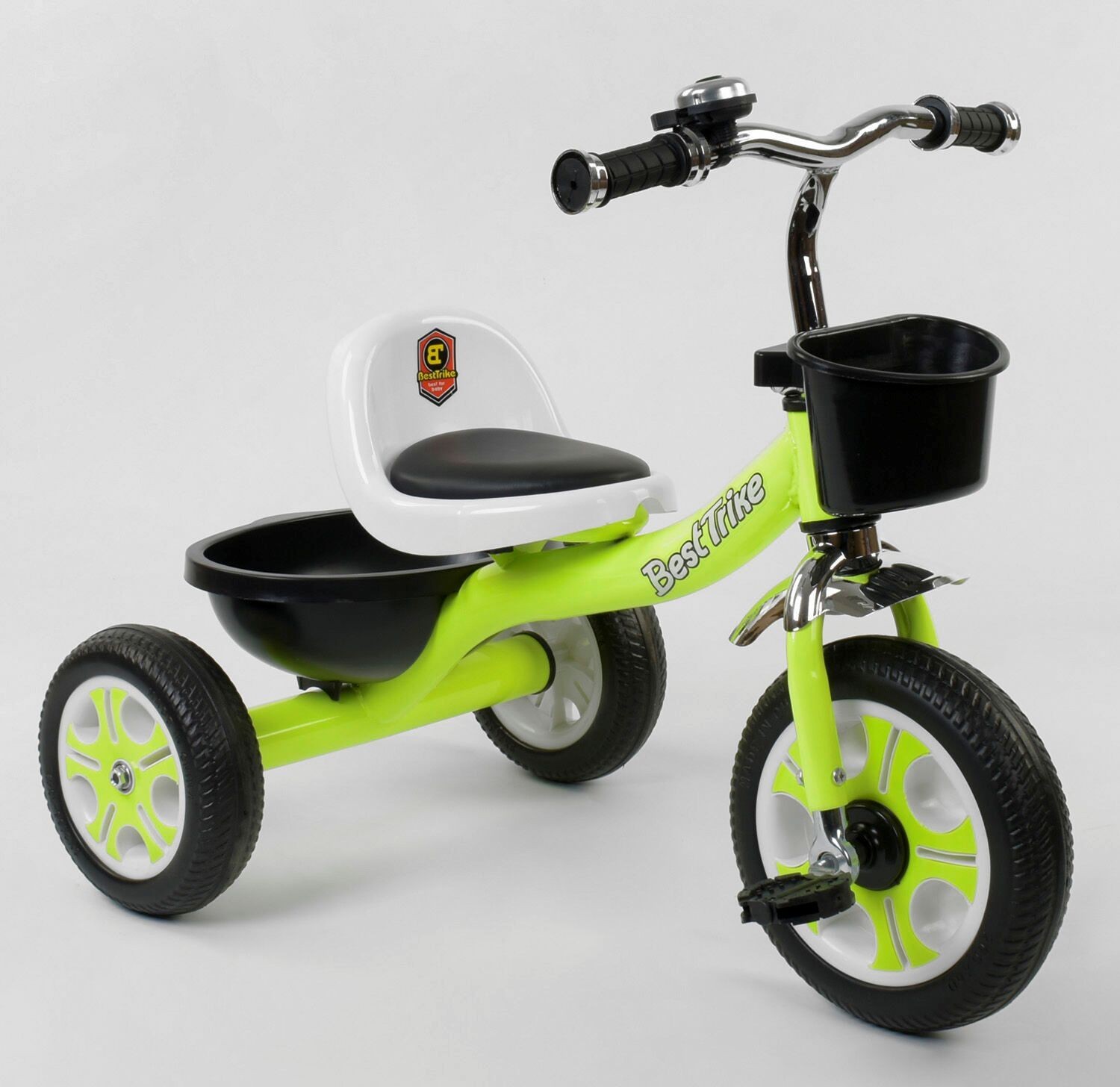 

Детский трехколесный велосипед Best Trike LM-3109 метал. рама, звоночек, 2 корзины, переднее d=26см, заднее d=20см, в коробке Салатовый