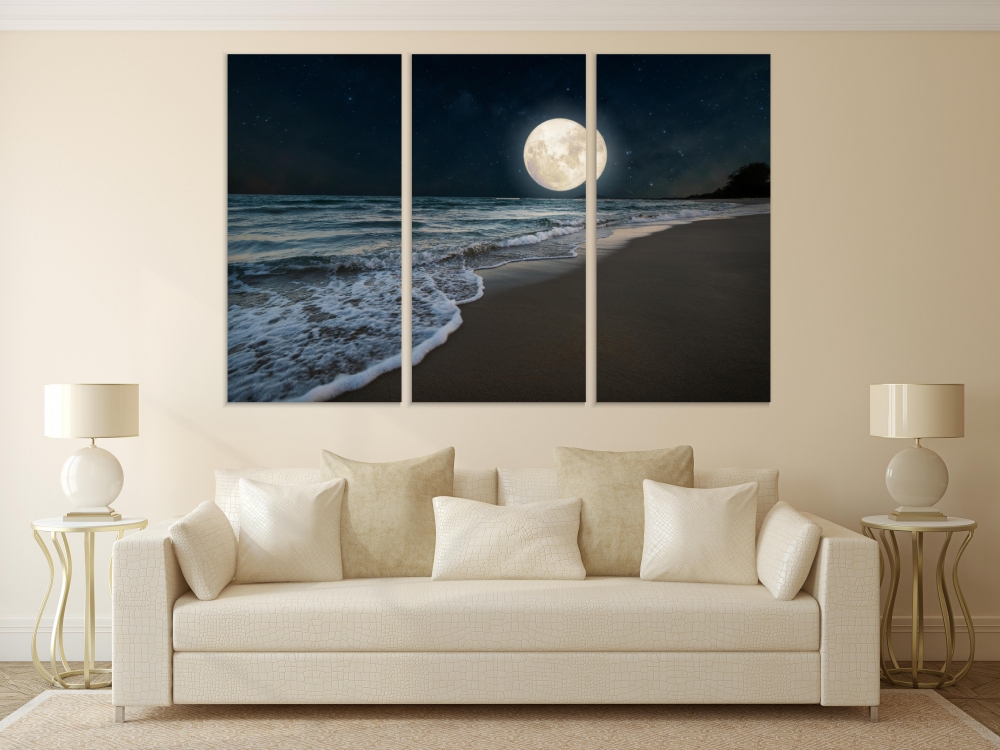 

Картина на холсте Модульные Модульная картина Romantic Beach And Full Moon 3 картины 40х80 см.