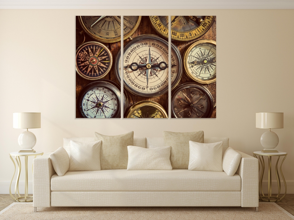 

Картина на холсте Модульные Модульная картина Old compass on vintage wood 3 картины 45х90 см.