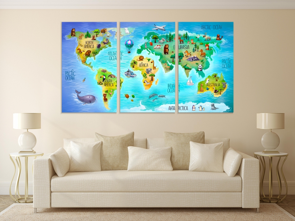 

Картина на холсте Модульные Модульная картина Children's World Map 3 картины 25х50 см.