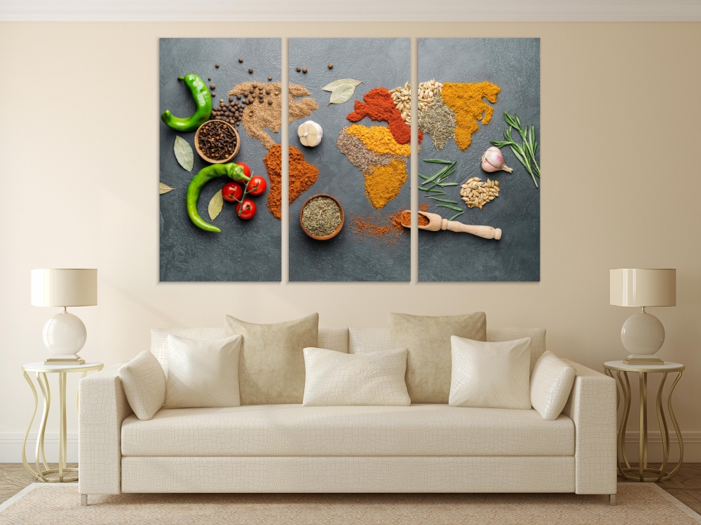 

Картина на холсте Модульные Модульная картина World Map Spices 3 картины 60х120 см.