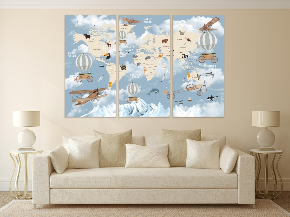 

Картина на холсте Модульные Модульная картина Animals World Map For Kids 3 картины 40х80 см.