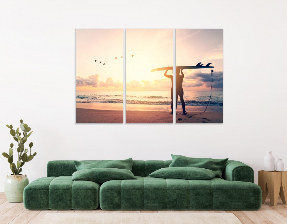 

Картина на холсте Модульные Модульная картина Man hold surfboard standing with birds flying at tropical sunset beach 3 картины 25х50 см.