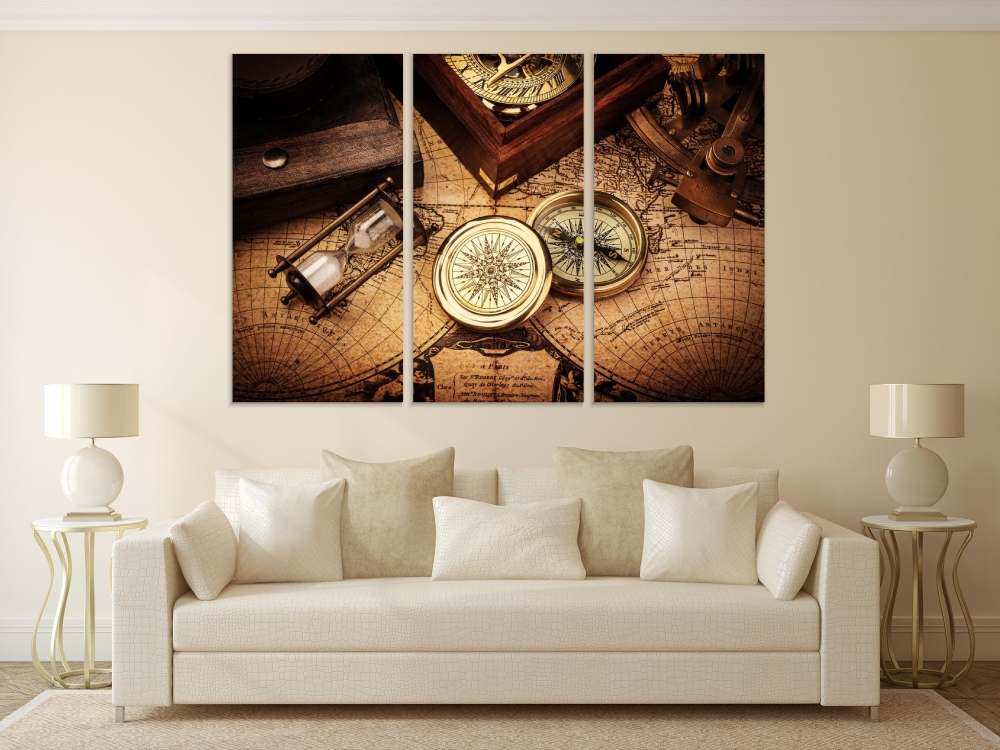

Картина на холсте Модульные Модульная картина Old compass on vintage map 3 картины 45х90 см.