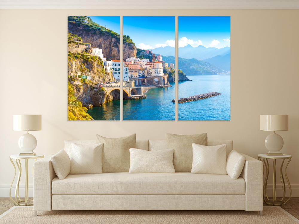 

Картина на холсте Модульные Модульная картина Morning View Amalfi Cityscape 3 картины 70х140 см.