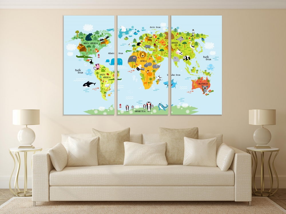 

Картина на холсте Модульные Модульная картина World Map With Animals 3 картины 25х50 см.