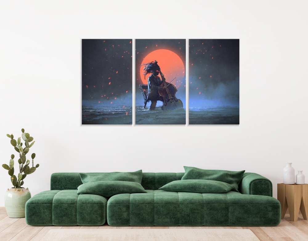 

Картина на холсте Модульные Модульная картина Mysterious Man With Cello 3 картины 70х140 см.