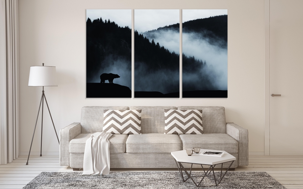 

Картина на холсте Модульные Модульная картина Bear Silhouette And Foggy Mountains 3 картины 30х60 см.