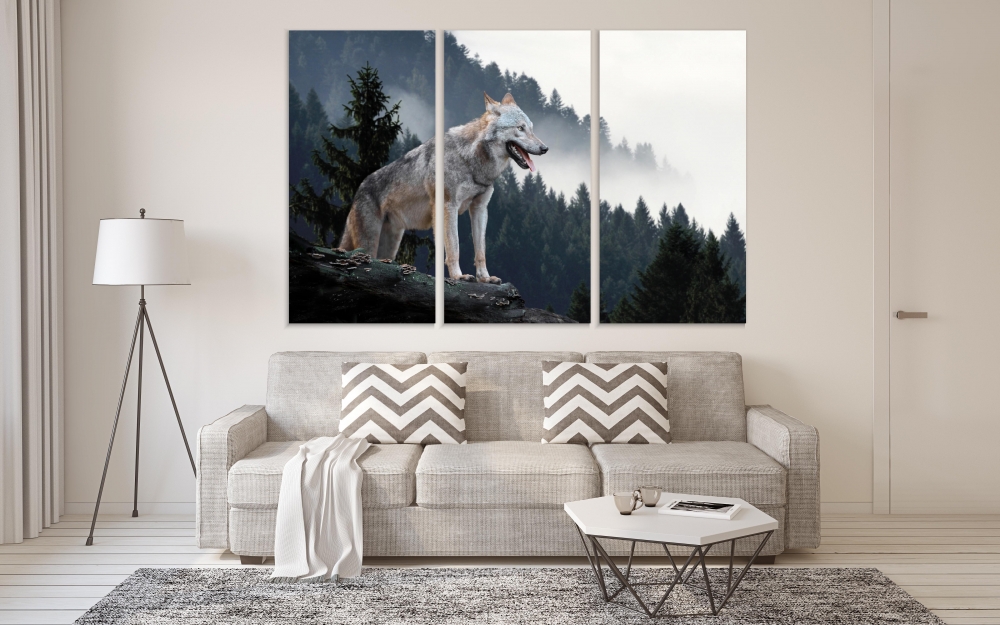 

Картина на холсте Модульные Модульная картина Wolf On The Hunt 3 картины 45х90 см.