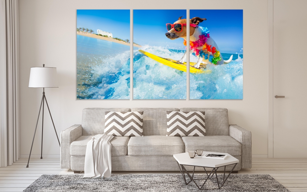 

Картина на холсте Модульные Модульная картина A Dog On A Surf On A Wave 3 картины 45х90 см.